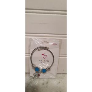 Stainless Steel Silver Kids Hello Kitty Bracelet W/Blue Clovers